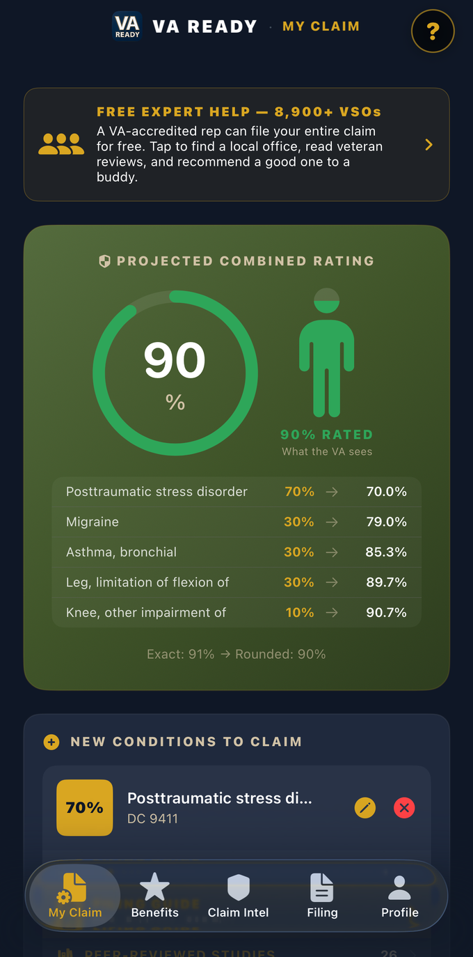 VA Ready My Claim screen showing a 90% projected combined VA disability rating with the conditions list and real VA combined-rating math