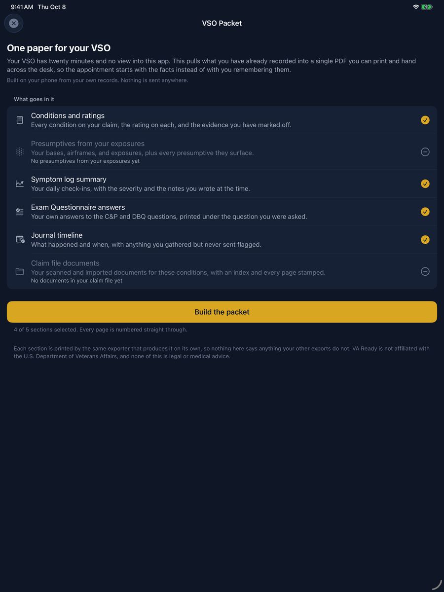 VA Ready VSO packet builder on iPad titled One paper for your VSO, with selectable sections: conditions and ratings, presumptives from your exposures, symptom log summary, exam questionnaire answers, journal timeline and claim file documents, above a Build the packet button.